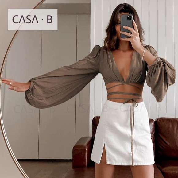 SOLD OUT💔CASA B | Marielle Big Sleeve Wrap Tie Crop Blouson Top in T… - Picture 4 of 6